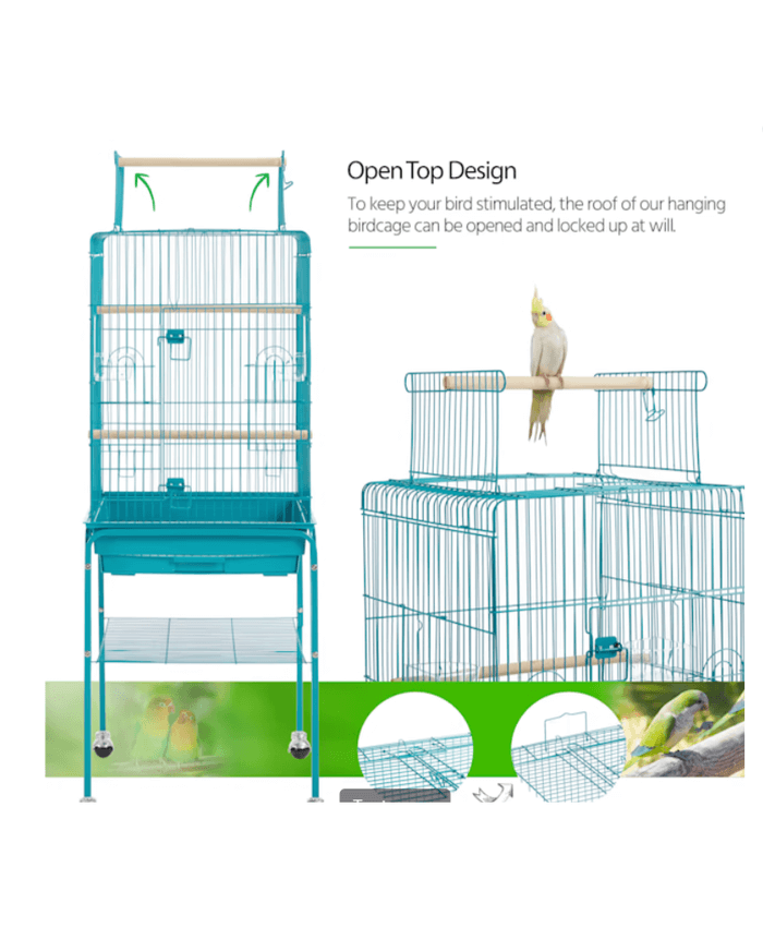 Teal Blue Metal Bird Cage with Detachable Rolling Stand for Small Birds, 47